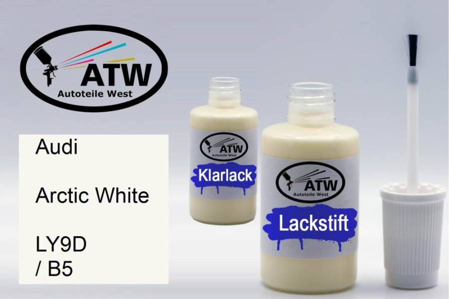 Audi, Arctic White, LY9D / B5: 20ml Lackstift + 20ml Klarlack - Set, von ATW Autoteile West.